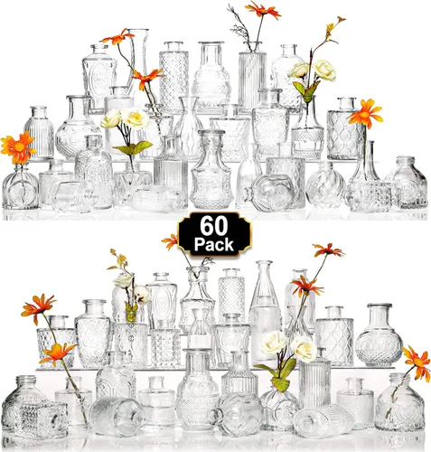 Miniatura 9 de Arme Juego de 32 jarrones azules para centros de mesa, florero transparente a granel, mini jarrones vintage para centros de mesa, pequeños jarrones