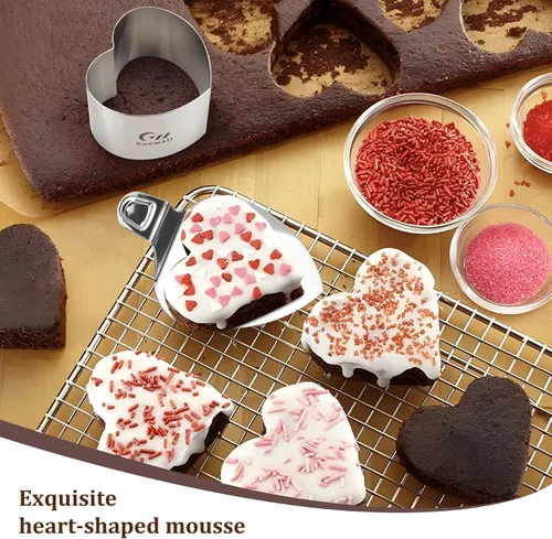 Miniatura 7 de Paquete de 2 Aros para Pastel Sin Costuras en Forma de Corazón Molde para Hornear Mousse de Acero Inoxidable Molde de Comida Incluyendo 1 Empujador