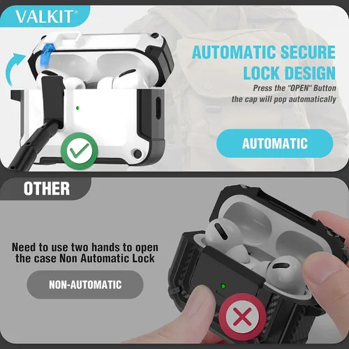 Miniatura 3 de Valkit Funda Compatible con Airpods Pro de 2ª/1ª Generación con Kit de Limpieza, Funda Militar para AirPod Pro 2 con Candado y Cordón, Funda Blanco
