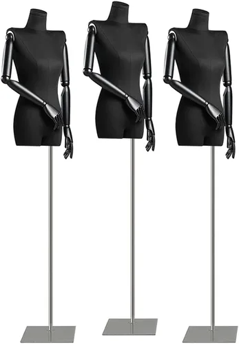 Maniquí femenino con pasamanos de madera maciza, maniquí de torso con base cuadrada de 57 a 80 pulgadas de altura ajustable para coser, ropa, Plata