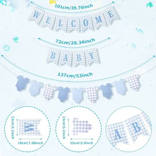 Miniatura 7 de Cartel de baby shower para bebé, 2 piezas preencordadas de tela de bienvenida a cuadros azules para bebé y cuerpo, para decoración de fiesta de baby