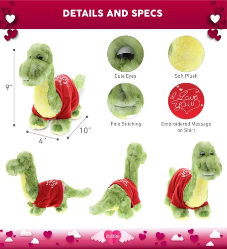 Miniatura 3 de DolliBu Peluche de dinosaurio verde I Love You, lindo animal de peluche con camisa roja y nombre personalizado para San Valentín, 10 pulgadas