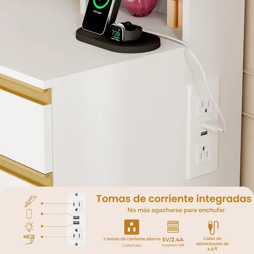 Miniatura 7 de ANWBROAD Escritorio de tocador con espejo deslizante y luces, juego de tocador grande de maquillaje con almacenamiento de joyas, 11 cajones, 6