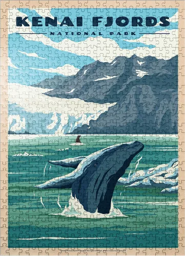 Miniatura 12 de MyPuzzle Parque Nacional de los Fiordos Kenai - Refugio de ballenas en la naturaleza, póster de viaje vintage, rompecabezas premium de 100 piezas