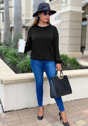 Miniatura 2 de XIEERDUO Blusas de gasa de manga larga con cuello redondo para mujer, blusas elegantes y holgadas con pompones