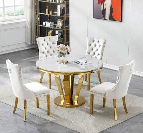 Miniatura 8 de Henf Juego de mesa de comedor redonda de mármol para 6, moderna mesa de comedor de 45 pulgadas con base de acero inoxidable con diseño de diamante