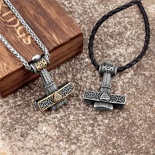 Miniatura 5 de Nordic Vikings - Collares de martillo para hombre mezcla de acero inoxidable oro nórdico runa eslavo vegvisir mjolnir amuleto colgante joyería