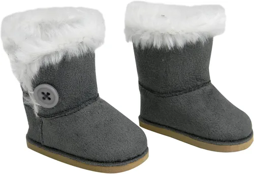 Botas de invierno de ante gris de Sophia's con forro y ribete de piel sintética blanca más botón lateral gris y suelas suaves color marrón claro