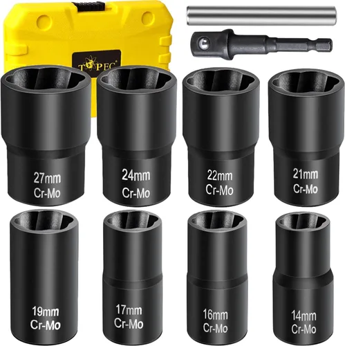 Miniatura 12 de Topec 6 herramientas de extracción de tuercas de llanta, kit de extracción de bloqueo de rueda motriz de 1/2 pulgada, removedor de tuercas peladas