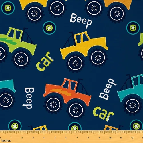 Tela de coche de dibujos animados por The Yard, Tela de tapicería de construcción para niños, Tractor azul naranja decorativo suave franela, 1 yarda,