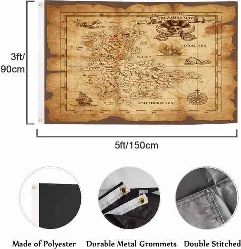 Miniatura 2 de Bandera Pirata de Swono - Mapa del Tesoro Mar de Coral Brújula Calavera para Jardín Interior y Exterior, Hogar, Granja, Bandera en Pie 3x5 pies