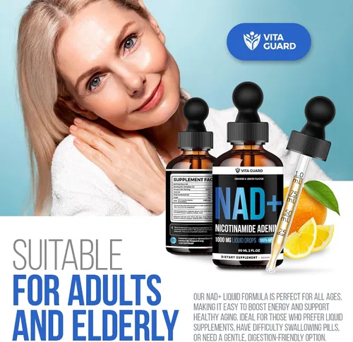 Miniatura 8 de Vita Guard Pure NAD+ Liquid Drops 1000mg Fórmula de nicotinamida y adenina Vegano, sin OMG Sabor natural de limón y naranja Suplemento