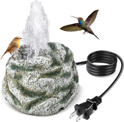 Fuente de baño para pájaros, fuentes de agua de baño de pájaros con bomba de agua de 7 W, fuente de agua de granito de resina de musgo gris, cascada