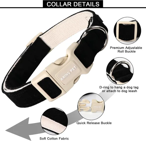 Miniatura 2 de Aring Pet Collar de algodón, ligero y ajustable, con hebilla de liberación rápida, para perros pequeños, medianos y grandes, negro terciopelo negro