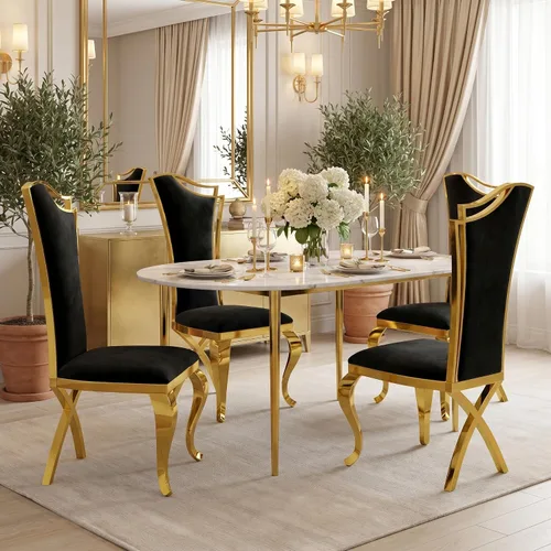 Miniatura 3 de BQueen Sillas de comedor negras y doradas, Sillas de comedor de lujo, Sillas de comedor Velevt con respaldo alto, Patas de acero inoxidable de oro