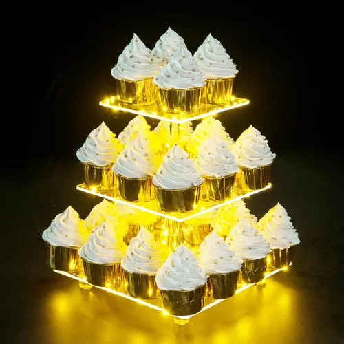 Miniatura 15 de Soporte para Cupcakes, Soporte Redondo para Cupcakes de 4 Niveles con Tira de Luces LED, Torre de Exhibición de Cupcakes de Acrílico para Bodas, Azul