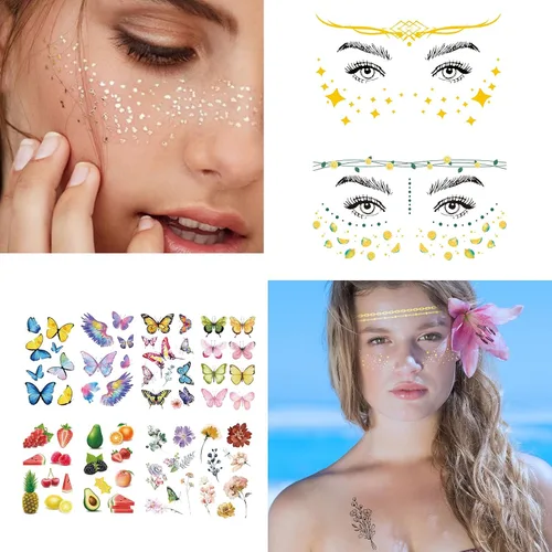 Miniatura 2 de JEEFONNA 60 hojas de tatuajes temporales para la cara, tatuajes falsos metálicos para mujeres, hombres, niños, impermeables, festivales, cosplay