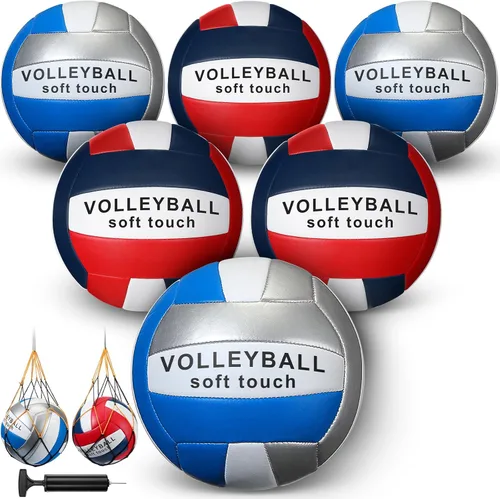 Miniatura 9 de Woanger 6 pelotas de voleibol tamaño oficial 5, impermeables, suaves, recreativas, con bomba y bolsa de red, para niños, jóvenes, adultos, Azul