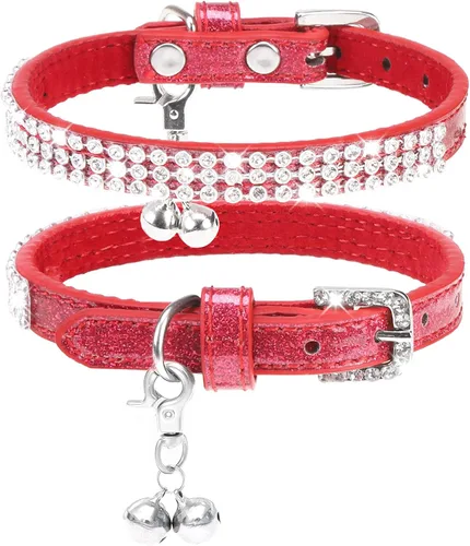 Miniatura 10 de PUPTECK Collar básico ajustable para gato con diamantes brillantes y campanas dobles, para gatitos y cachorros pequeños, collares de diamantes