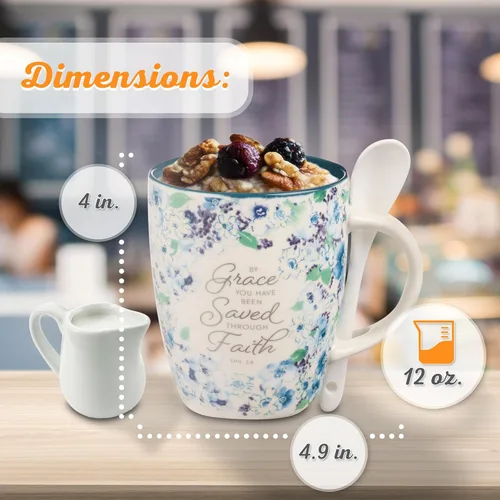 Miniatura 3 de Christian Art Gifts Juego de taza de café y té con cuchara de cerámica para mujer: By Grace You Have Been Saved - Efesios 2:8 Versículo de la Biblia