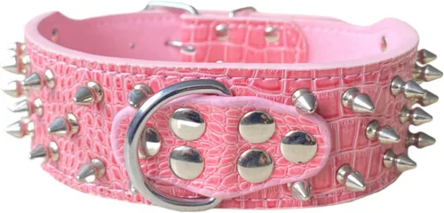 Miniatura 34 de Collar de cuero para perro, collar de perro con pinchos y tachuelas para perros medianos y grandes Pit Bull Mastiff Bully Boxer (S, rosa intenso)