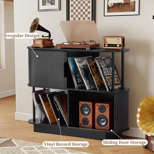 Miniatura 3 de Soporte moderno para tocadiscos con almacenamiento de vinilo, soporte de almacenamiento para tocadiscos negro de 40 pulgadas con puerta corredera
