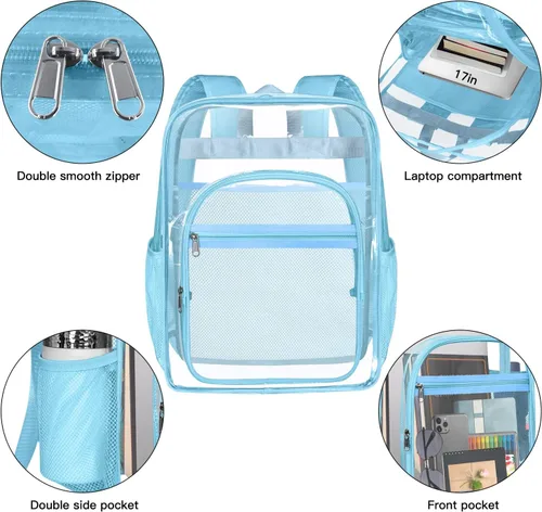 Miniatura 2 de Mochila transparente, de forma resistente, resistente, grande, transparente, informal, para estadio, trabajo, viajes, Azul, Grande, Transparente