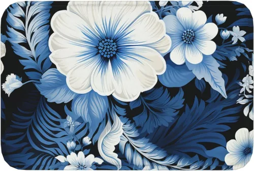 Miniatura 8 de Tapete para puerta delantera, tapete de bienvenida con estampado floral azul y blanco, absorbente, antideslizante, tapete de entrada suave, alfombra