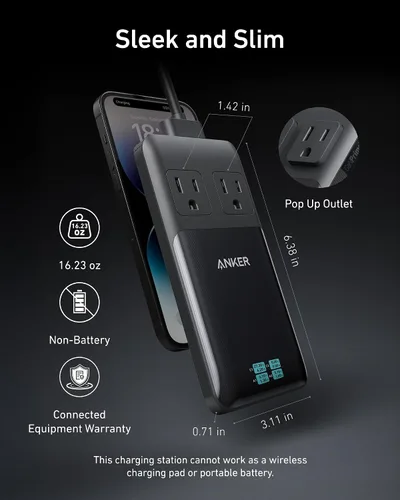 Miniatura 4 de Anker Prime - Estación de carga USB C 6 en 1, regleta de alimentación compacta de 140 W para trabajo y viajes, cable de extensión desmontable de 5