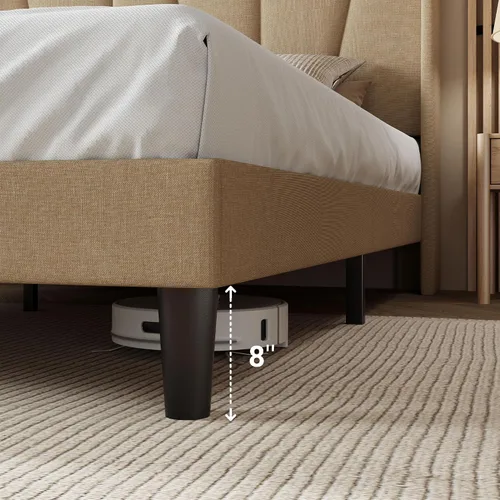Miniatura 5 de Allewie Base de cama de plataforma tamaño Queen con cabecera geométrica con respaldo de alas, cama tapizada bohemia con soporte de listones de Beige