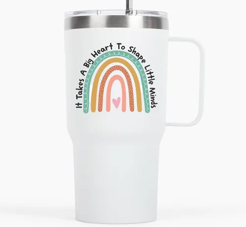 KLUBI Vaso con asa y pajita, con asa y pajilla, con texto en inglés "It Takes a Big Heart to Shape Little Minds", regalo de agradecimiento para