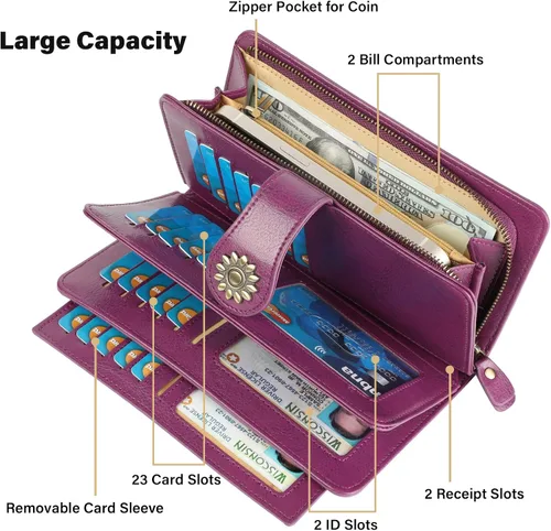 Miniatura 4 de Lavemi Carteras de cuero genuino de gran capacidad con bloqueo RFID para mujer, tarjetero con correa para la muñeca