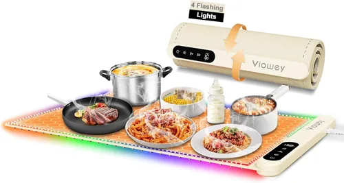 Tapete de calentamiento de alimentos con luz, bandeja de calentamiento eléctrica con 6 ajustes de temperatura y temporizador de 6 horas, película de