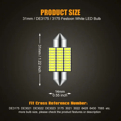 Miniatura 2 de EBAIFUN Bombilla LED DE3175 de 31mm Blanca 6000K 12V Luz de Festón Súper Brillante 3175 DE3021 DE3022 Aplicación para Luces Interiores del Automóvil