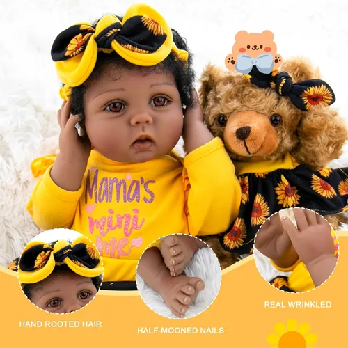 Miniatura 4 de Aori Muñecas de bebé recién nacidas negras realistas de 22 pulgadas, muñecas negras con peso recién nacido, juego de regalo para niños a partir de 3