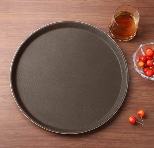 Miniatura 4 de New Star Foodservice Bandeja antideslizante de grado restaurante, bandeja redonda de plástico marrón de 14 pulgadas con superficie forrada de goma