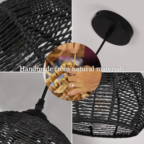 Miniatura 5 de Ayshwill Dec Lámpara de araña negra tejida estilo boho de ratán y mimbre con cúpula, lámpara colgante para comedor, dormitorio, isla de cocina