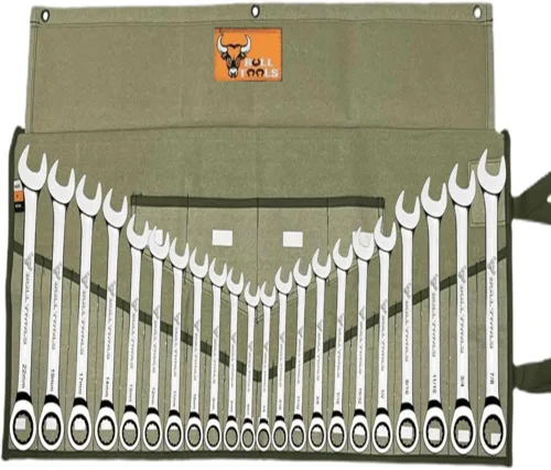 BULL TOOLS Organizador de Rollo de Herramientas con 26 Bolsillos para Llaves, Métrico y SAE, Lona de Algodón Durable, Bolsa de Herramientas Oliva