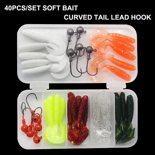 Miniatura 5 de 40 piezas de gancho de cabeza de plantilla, señuelos suaves, cebo de silicona artificial, gusano de pesca suave, kit de aparejos para pesca de 40