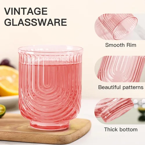 Miniatura 3 de JOVGANK Juego de vasos de bebida vintage rosados de 6 a 14 onzas, vasos de vidrio rosa art déco, vasos de cóctel de whisky, para bar, jugo de café