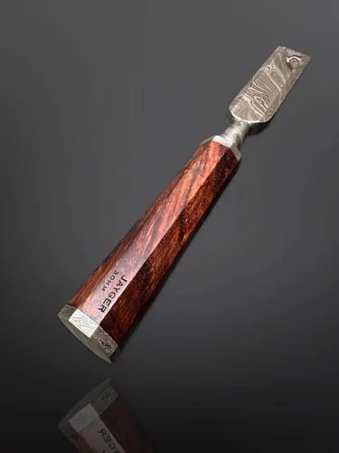 Miniatura 8 de Juego de cinceles de madera de 5 piezas – Cuchillas de borde biselado de acero de Damasco forjadas a mano con cubiertas de cuero y asas