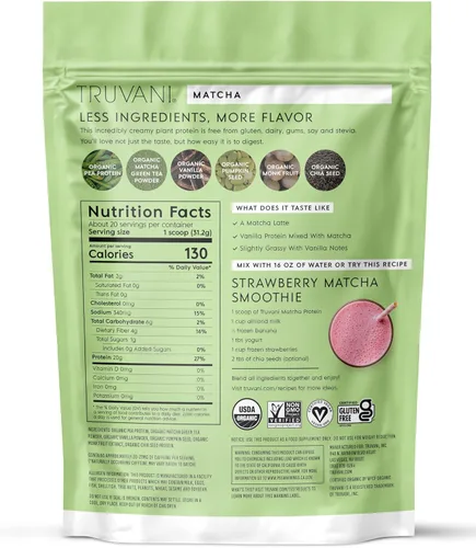 Miniatura 10 de Truvani Proteína en Polvo de Guisante Vegana Matcha 20 g de Proteína Orgánica a Base de Plantas 20 Porciones Keto Sin Gluten y Lácteos