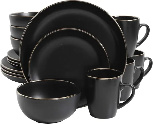 Gibson Home Rockaway Juego de Vajilla Redonda de Gres, Servicio para 4 (16 piezas), Borde Negro/Dorado Borde negro/dorado (Rockaway)