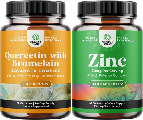 Paquete de quercetina pura con suplemento de bromelina + cápsulas de 500 mg para apoyo inmunológico y respiración y zinc de 50 mg – Mejora el