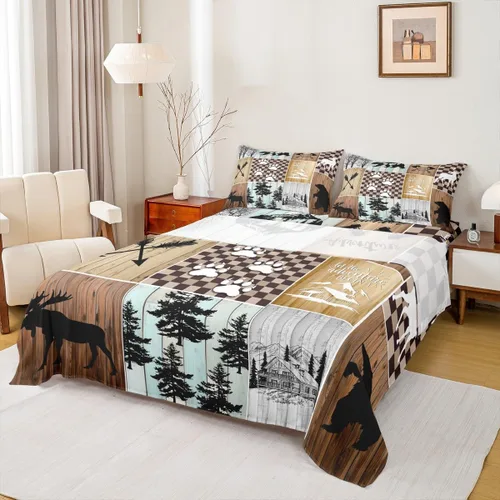 Miniatura 23 de Manfei Juego de sábanas rústicas de ciervo de oso de ciervo, aventura y caza de lobos para niños, niñas y adultos, decoración de habitación