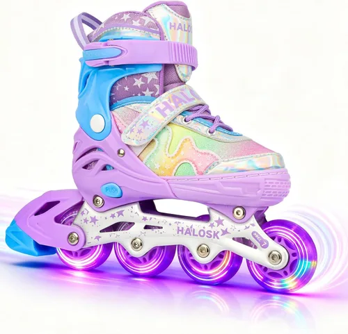 Patines en línea para niñas y niños con ruedas iluminadas, patines de hoja ajustable, estrella de purpurina degradada con forro cómodo transpirable