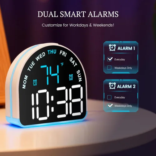Miniatura 4 de Reloj despertador para dormir pesado: alarma súper fuerte y luz de despertador suave para adultos, niños, adolescentes Pantalla digital con tiempo