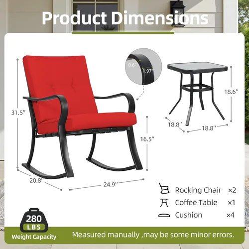 Miniatura 3 de SUNCROWN Juego de 3 sillas mecedoras para exteriores, muebles de acero negro con cojín grueso y mesa de centro de cristal, color rojo