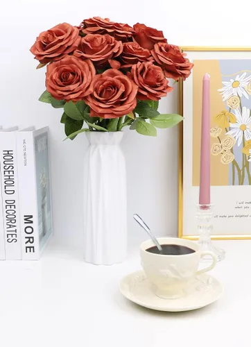 Miniatura 3 de LVEFIT 12 rosas artificiales de seda de color naranja quemado, ramo de rosas de seda de tallo largo para bodas, despedidas de soltera, fiestas