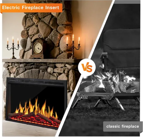 Miniatura 4 de Inserto de chimenea eléctrica de 34 pulgadas, llama intercambiable ajustable y colores de troncos, velocidad y brillo de llama variables, control